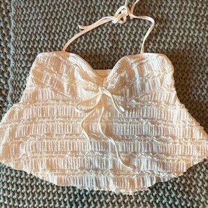 Cream Textured Crop Halter Top